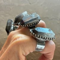 RM62441 Bagues Géométriques Gothiques en Cristal de Quartz Fumé, Empilables, Plaqué Argent Antique, Bijoux Vintage Exagérés, Cadeaux d'Halloween