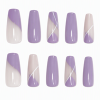 Faux ongles longs en amande à presser, base nude, violet lavande, blocs de couleur géométriques, ligne blanche, brillants