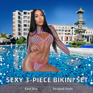 2026 Wholesale Women's <b>Sexy</b> Striped 3-Piece Brazilian Long Sleeve Swimsuits <b>Sets</b> Thong <b>Bikini</b> High-Waisted Swimwear Fitness - Product Image 2