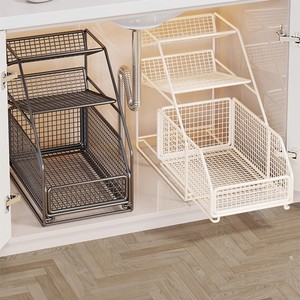 Bathroom Sink Storage Rack 3 Tier Pull Out Basket <b>Under</b> Cabinet Organizer Rectangle Eco Friendly White Black - Product Image 1
