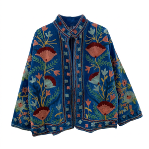 Handmade Blue <b>Velvet</b> Suzani Embroidered <b>Jacket</b> <b>Women</b> Vintage Floral Kashmiri Coat Open Front Ethnic Boho Winter Kimono <b>Jacket</b> - Product Image 3