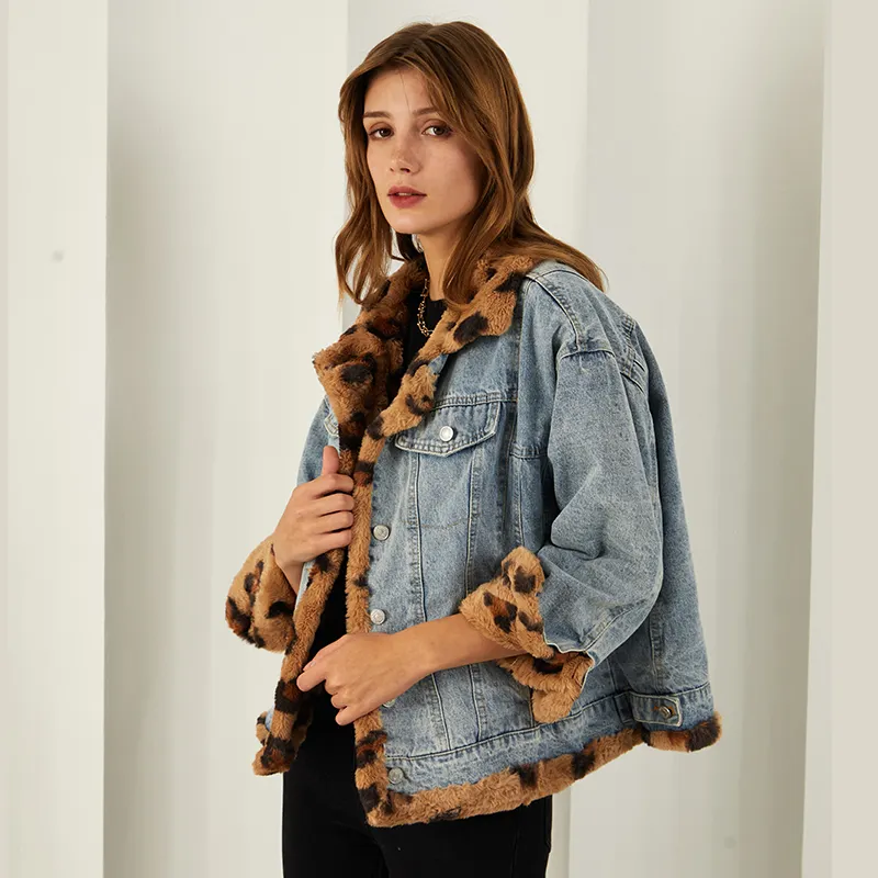 Reversible Womens Denim Fur Jacket Double Side Short Leopard Denim Coat Ladies Thick Warm Winter Blue Jeans Jacket Women 2022
