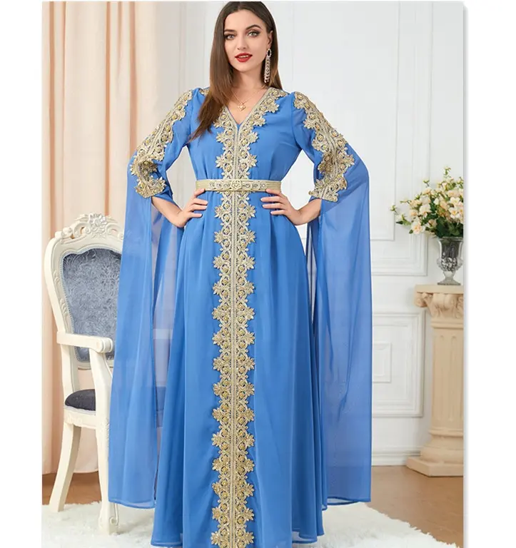Luxury 2023 Floral Embroidery Lace Panel Belted Chiffon Dress Moroccan Caftan Ramadan Eid Party Abaya Dubai Muslim Dress