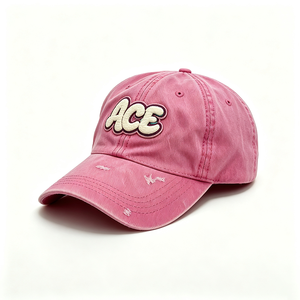 Gorra de papá rosa lavada personalizada de 6 paneles con parche de chenilla bordado con logo ACE, desgastada, sin estructura, corona suave, unisex, con letras, al por mayor - Product Image 4