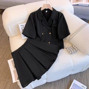 Set di due pezzi alla moda coreana per taglie forti da donna estivo con colletto Casual irregolare gonna a pieghe abito a tinta unita - Product Image 2