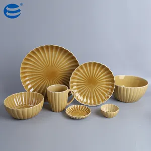 Modern Design Ceramic Dinnerware Set 16-Piece Reactive Glaze Flat Dinner Plate Eco-Friendly Plant Pattern for Business Gifts