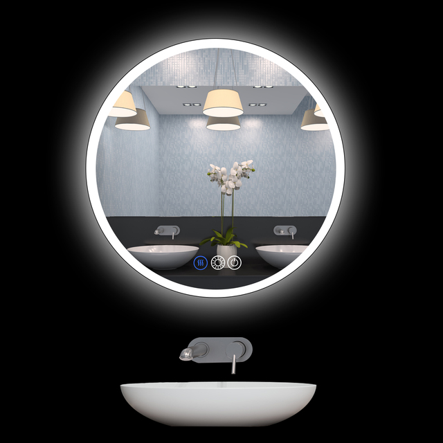 Modern Round LED Bathroom Mirror with Smart Lighting Anti-Fog Backlight & Illuminated Makeup Feature Metal Frame Hotels Salons