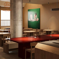 Ensemble de meubles de restaurant de café moderne, table à manger en bois et quatre chaises en cuir avec base en métal pour la salle à manger