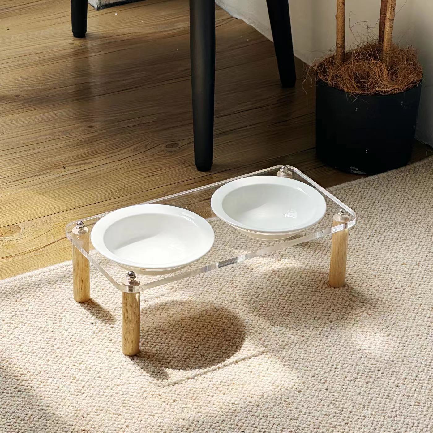 SKU-6 - Double acrylic wooden leg stand + 2 white ceramic bowls