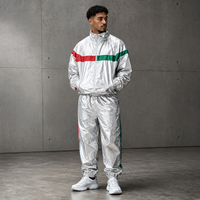 Ensemble de survêtement pour homme personnalisé OEM ODM, coupe-vent en nylon argenté métallisé, streetwear color block, fabricant de vêtements sur mesure