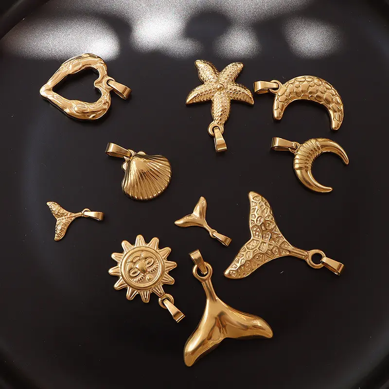 76 Designs 18K Gold Stainless Steel Moon Sun Starfish Shell Animal Fish Charms Heart Cross Lock Flower Bird Coin Pendants