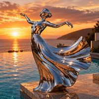 Sculpture Moderne Femme Dansante au Coucher du Soleil en Acier Inoxydable Poli Miroir, Robe Longue, Décoration Extérieure pour Piscine, Jardin, Villa