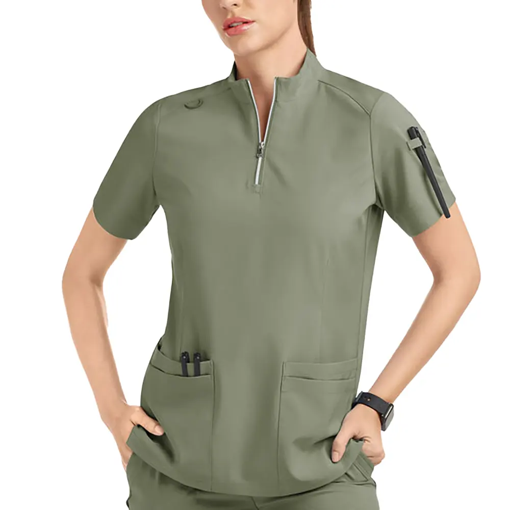 공장 직접 반소매 작업복 의료 유니폼 스크럽 여성용 4 포켓 지퍼 넥 반소매 스크럽 탑