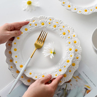 Conjunto de jantar em cerâmica com relevo, prato para casa, sopa, bacia, flores brancas criativas, louças de mesa