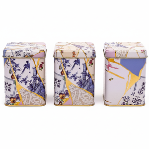 ชุดกล่องดีบุกโลหะสี่เหลี่ยมขนาด75x75x100มม. (ชุด3ชิ้น) kintsugi ลายดอกไม้เส้นใยทองแบบ kintsugi - Product Image 2