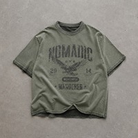 T-shirt Homme Rétro en Coton Lourd 100% pour Usage Quotidien, Olive Délavé, Imprimé Numérique Graphique, Coupe Boxy Streetwear, Fournisseur Populaire