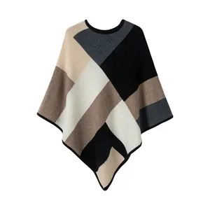 Women's Elegant Knitted Bat Poncho Top Sweater With Stripe Patterns Female Round Neck Pullover Batwing Cloak Shawl
