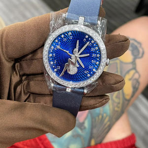 Montre élégante pour femme avec bracelet en cuir véritable, style féerique floral, ornée de zircons brillants - Product Image 1