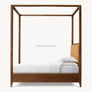 FERLY 2024 New Bedroom Sets Furniture Leather Headboard Modern Solid Walnut Wood Canopy Bed King Queen Size Wooden Bed