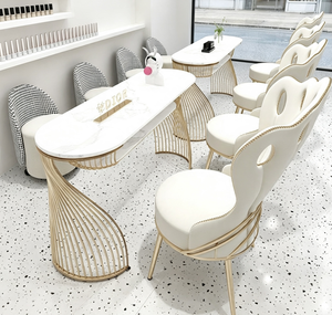 Table de manucure moderne aspect marbre en acier inoxydable, poste de travail de beauté blanc pour atelier - Product Image 1