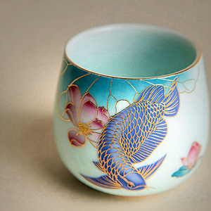 Tazas de Té de Porcelana Fina Celadón con Dragón Dorado y Pez Esmaltado, Estilo Chino, Juego de Regalo de Lujo para el Hogar, Set de Té - Product Image 4