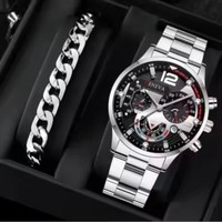 Set Perhiasan Fashion Penjualan Terlaris Jam Tangan Quartz Set Gelang Pria Dengan Kotak Jam Tangan Sport Bisnis Kalender untuk Pria Reloj Emas