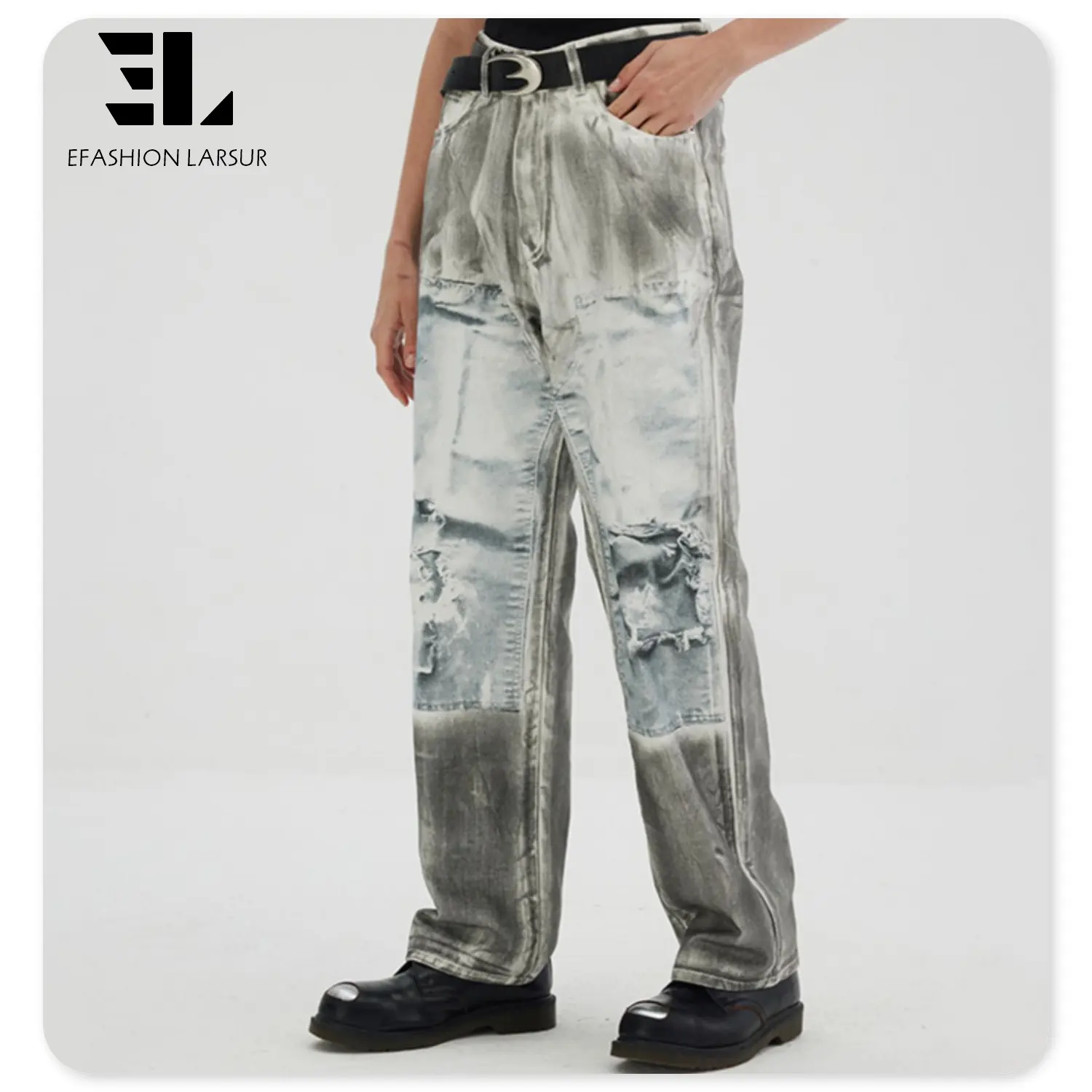 LARSUR Custom Denim Factory Vintage Coated Wax Denim Double Knee Work Pants With Ripped Dirty Print Foil Wax Carpenter Jeans Men