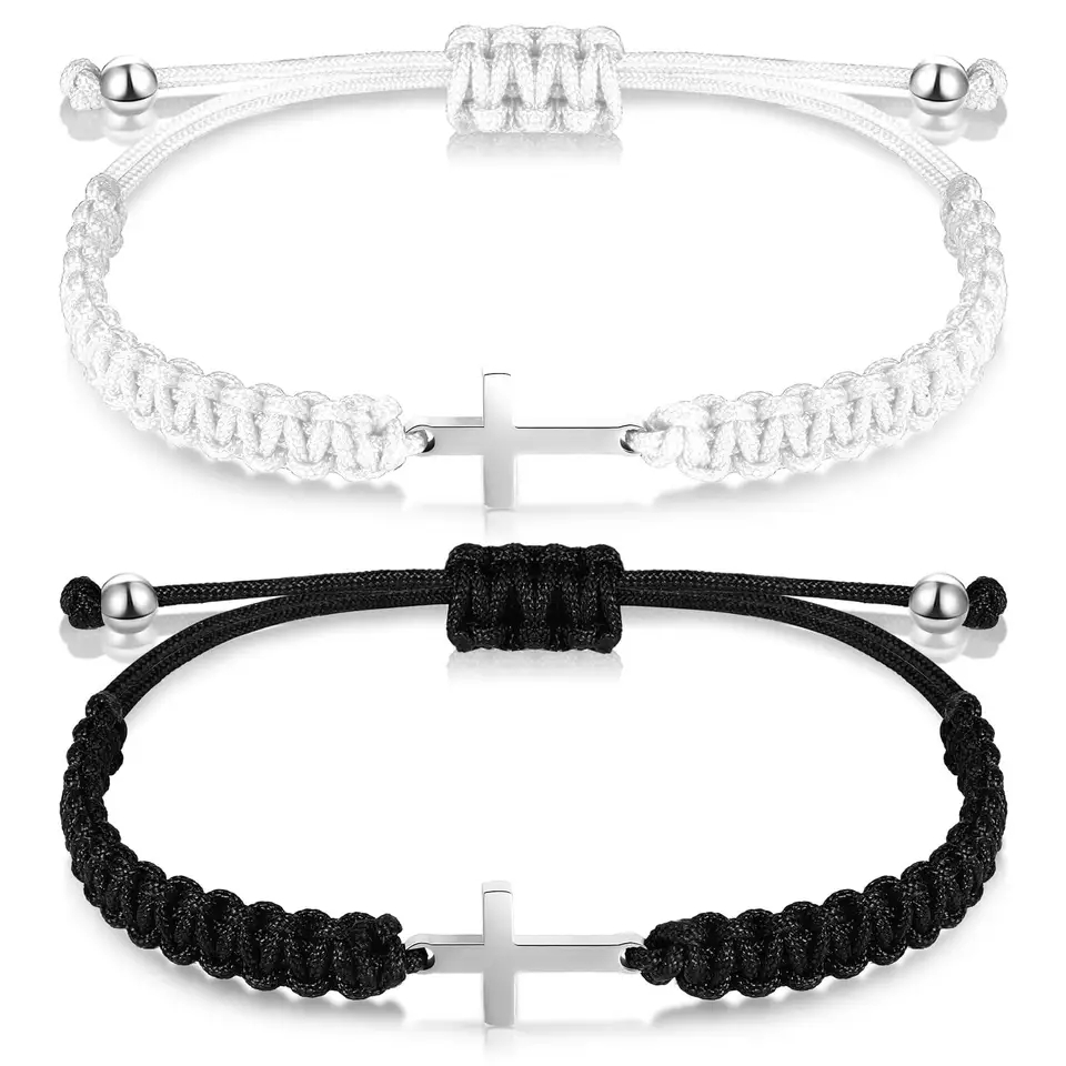 2 Pieces Friendship Cross Bracelet Black String Rope Braided Bracelet Cross Charm Adjustable Handmade Matching Couple Bracelets