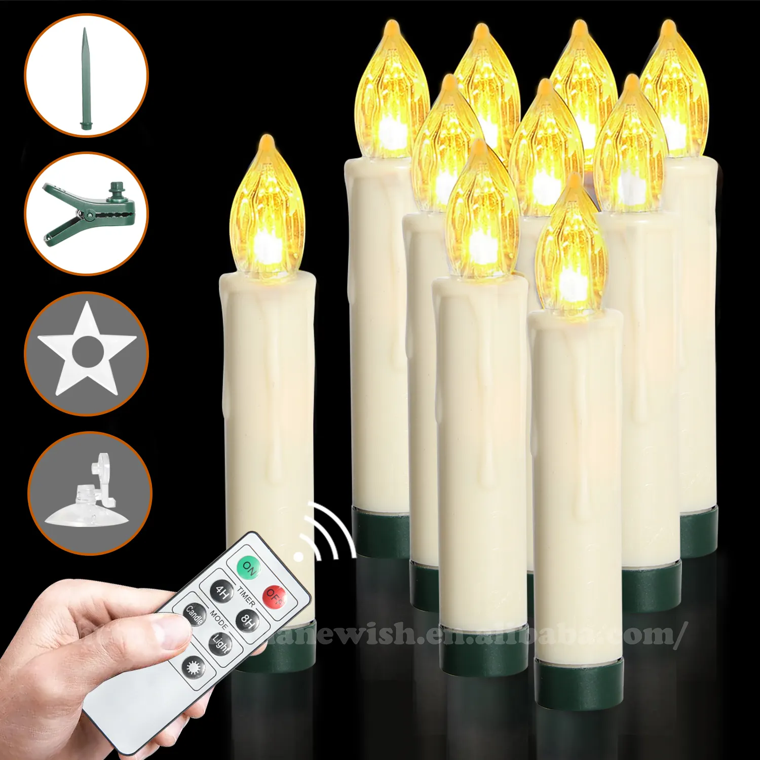 Kanlong Christmas Detachable10Pcs/Set Plastic LED Candles Hanging Taper Shape Candle Lights with Remote Control for Party Decors