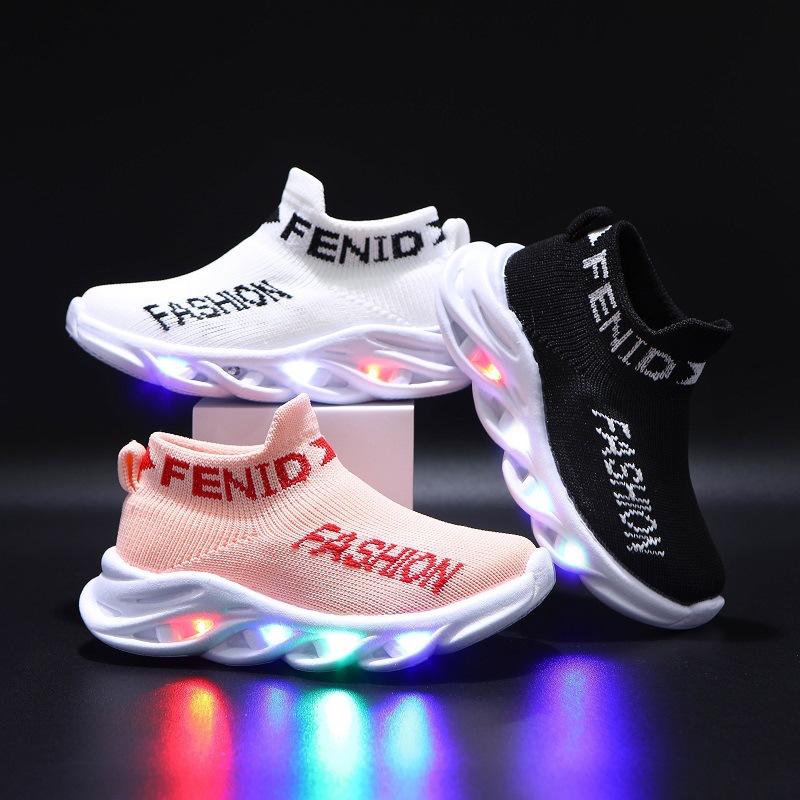 Fashion Breathable Children Shoes Unisex Letter Mesh Led Luminous Socks Sport Run Sneakers Kids Outdoor Casual Comfortable Shoes
