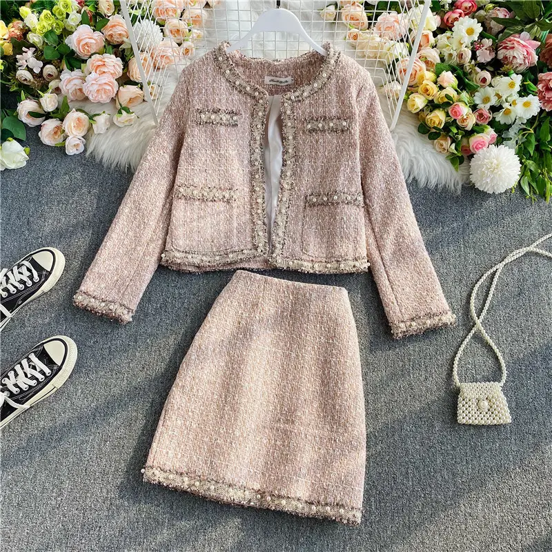 New Women's Autumn Winter Elegant Outfits Long Sleeve Woolen Coat Short Skirt Two-piece Skirt Set Fashion Top And Skirt Set