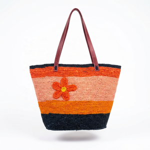 Color Block Raffia <b>Handbag</b> <b>Straw</b> Tote Bag with Leather Handle Large Capacity Beach Travel Shoulder Bag for Women - Product Image 3