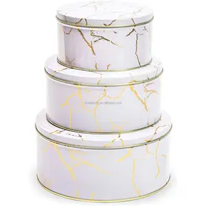 Custom Stylish Tin Box 3PCS Cake Biscuits Tins With Lids Metal Round Cookies Canisters Set