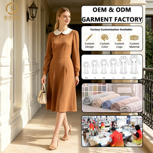Abito <span class=keywords><strong>Midi</strong></span> da Donna di Alta Gamma Personalizzato con Colletto Marrone, Maniche Lunghe, Vestibilità Ampia e Casual, in Tessuto Satinato, con Vita Naturale, Ideale per l'Estate - Product Image 1