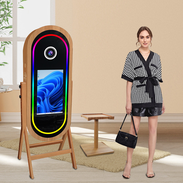 Fashionable AI Photo Booth Mirror With Printer Stand Touch Screen Wooden Magic Mirror Photobooth Machine for Events Party Selfie