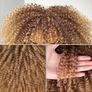 黒人女性のための前髪付き16インチショートヘアアフロキンキーカーリーウィッグコスプレナチュラルヘアオンブルミックスブラウン合成アフリカウィッグ