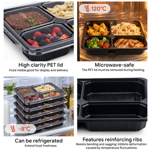 Contenedor de Alimentos de 1000 ml con 4 Compartimentos, Bandeja de PP Negra Personalizable con Logotipo, con Tapa Transparente de PET Sellable para Mariscos y Frutas - Product Image 3