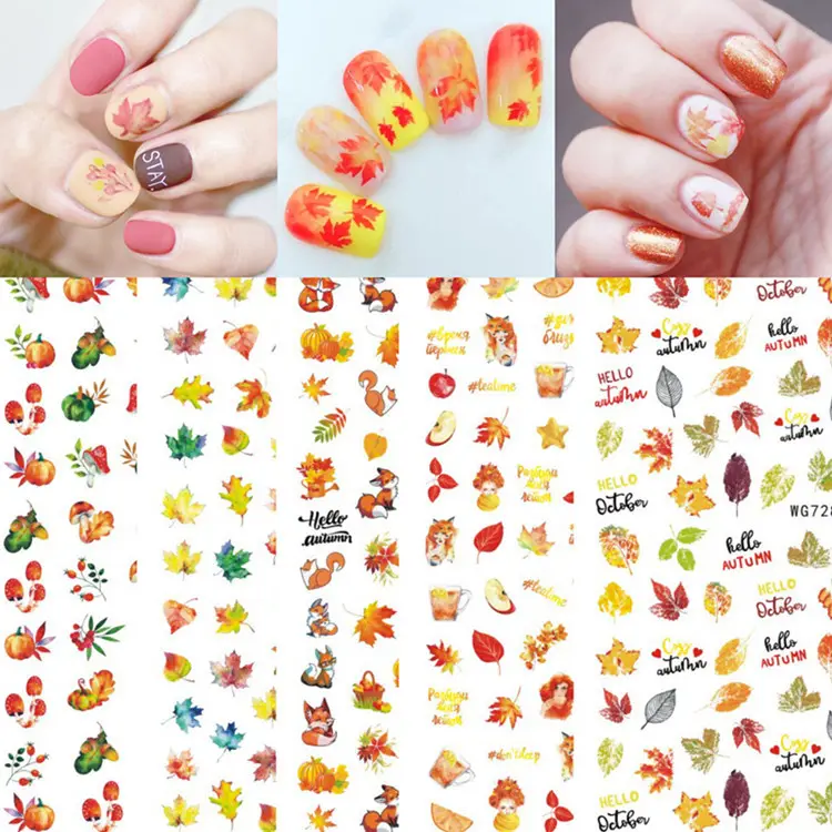Maple Leaves 3D Nail Stickers Fall Leaf Flowers Line Sliders For Nails Self Adhesive Stickers Autumn Thanks Giving Day Stickers