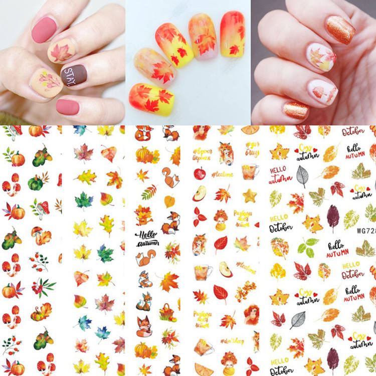 Maple Leaves 3d Nail Stickers Fall Leaf Flowers Line Sliders For Nails Self Adhesive Stickers Autumn Thanks Giving Day Stickers 