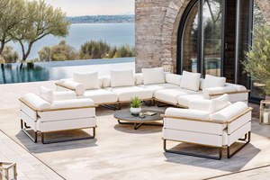 AJUNION ensemble de <span class=keywords><strong>salon</strong></span> d'extérieur élégant villa de luxe hôtel canapé sectionnel meubles de <span class=keywords><strong>jardin</strong></span> finition aspect <span class=keywords><strong>bois</strong></span> canapé en aluminium ensemble de <span class=keywords><strong>jardin</strong></span> - Product Image 3