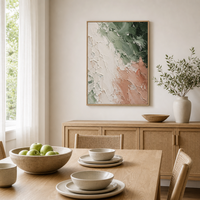 Peinture abstraite texturée verte et rose sur toile encadrée, grande décoration murale nordique moderne pour salon, cadeau pour la maison
