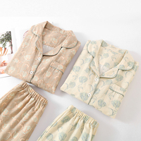 Baju tidur wanita gaya Jepang, piyama panjang 100% katun cepat kering pinggang elastis lengan panjang cetak Musim Semi