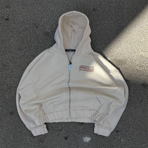 Factory Direct Sales <strong>High</strong>-<strong>Quality</strong> Fabric Beige Street Trendy Brand Hooded Zip-Up Sweatshirt with Large Screen-Printed <strong>Font</strong> <strong>Print</strong> - Product Image 1