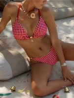 Ensemble bikini femme 2 pièces à carreaux coupe haute avec nœud et bretelles spaghetti, maillot de bain d'été, vente en gros, logo personnalisé