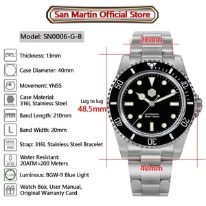 Reloj San Martin SN0006-G-B Nuevo de 40 mm para Hombre, Clásico, de Lujo, de Buceo, Automático, Mecánico, de Zafiro, Resistente al Agua 200 m, BGW9 - Product Image 2