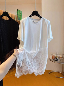 <span class=keywords><strong>Camiseta</strong></span> de <span class=keywords><strong>Mujer</strong></span> <span class=keywords><strong>con</strong></span> Dobladillo de Encaje en Contraste, Vestido Casual <span class=keywords><strong>con</strong></span> Dobladillo Asimétrico y Detalle de Brillo, Moda Sehe - Product Image 5