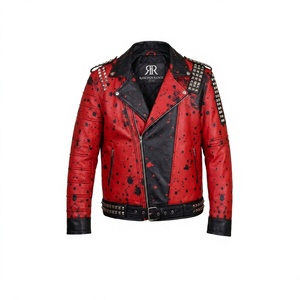 <b>Gothic</b> Punk Red Faux Leather Biker <b>Jacket</b> Turn-down Collar Black Splatter Studs Distressed Design Unisex Winter Rock Fashion - Product Image 1