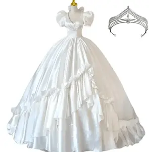 French style white satin light wedding dress with headgear set new bride fugitive princess high-quality texture main yarn neat s