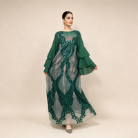 Robe de soirée élégante brodée de sequins floraux pour femme, manches longues, volants, maxi, verte, Abaya Kaftan, tenue de fête modeste musulmane