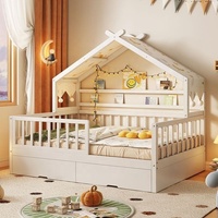 Lit enfant en forme de maison en bois avec barrières de sécurité, tiroirs de rangement, étagère à livres et éclairage LED pour chambre de garçons et filles, lit de sieste pour tout-petits, mobilier de maison